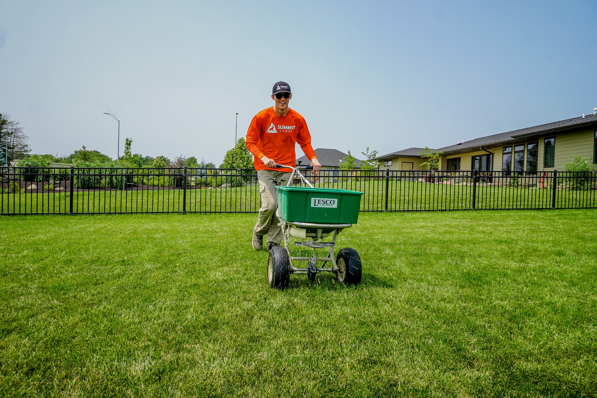 Applying starter fertilizer to lawn in spring