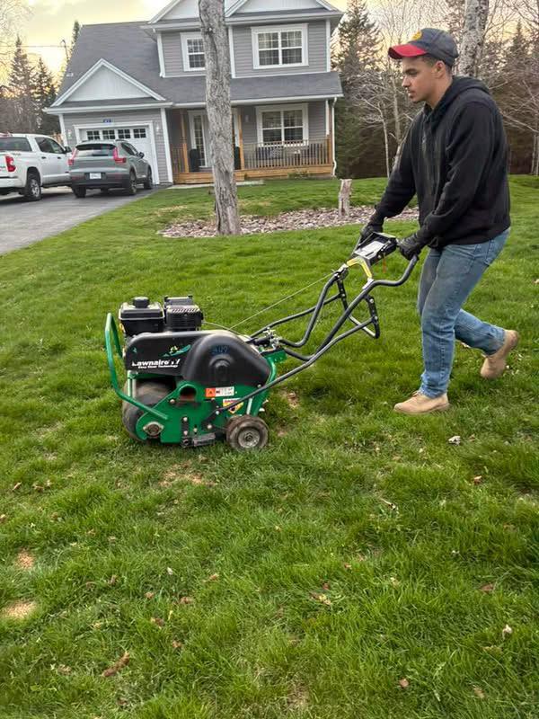 Core aeration being done on a Sudbury lawn in spring to improve drought tolerance