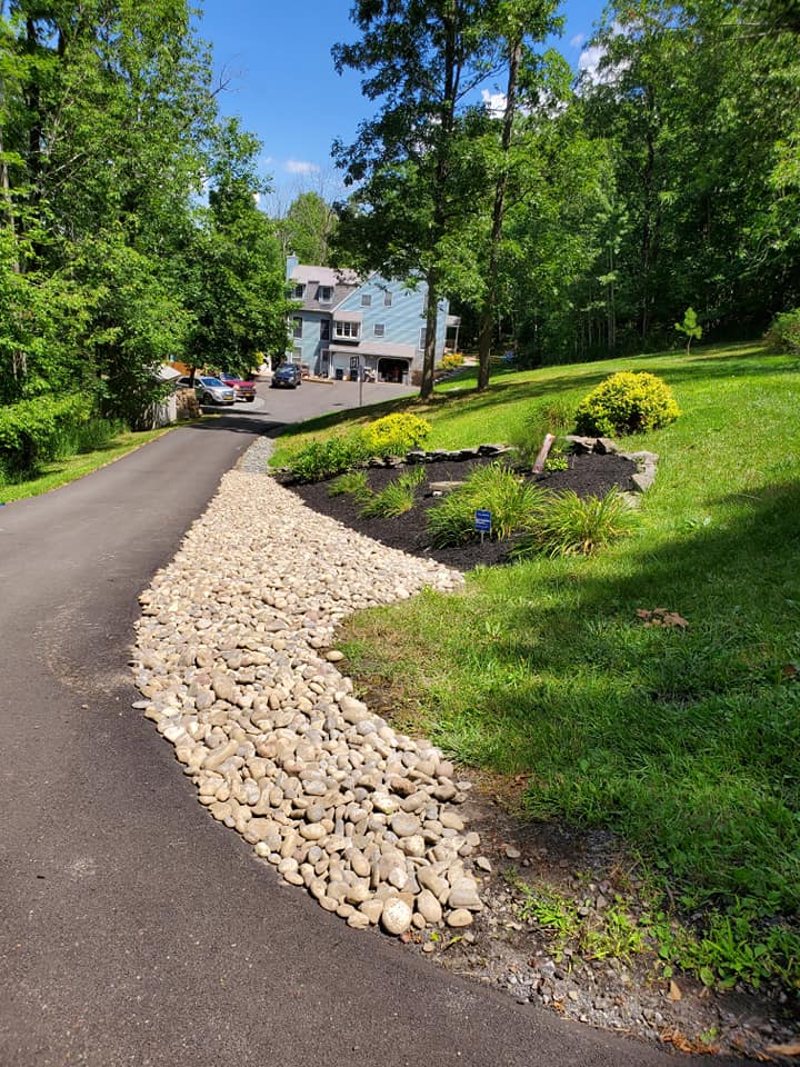 Decorative stone landscaping on a Sudbury front yard