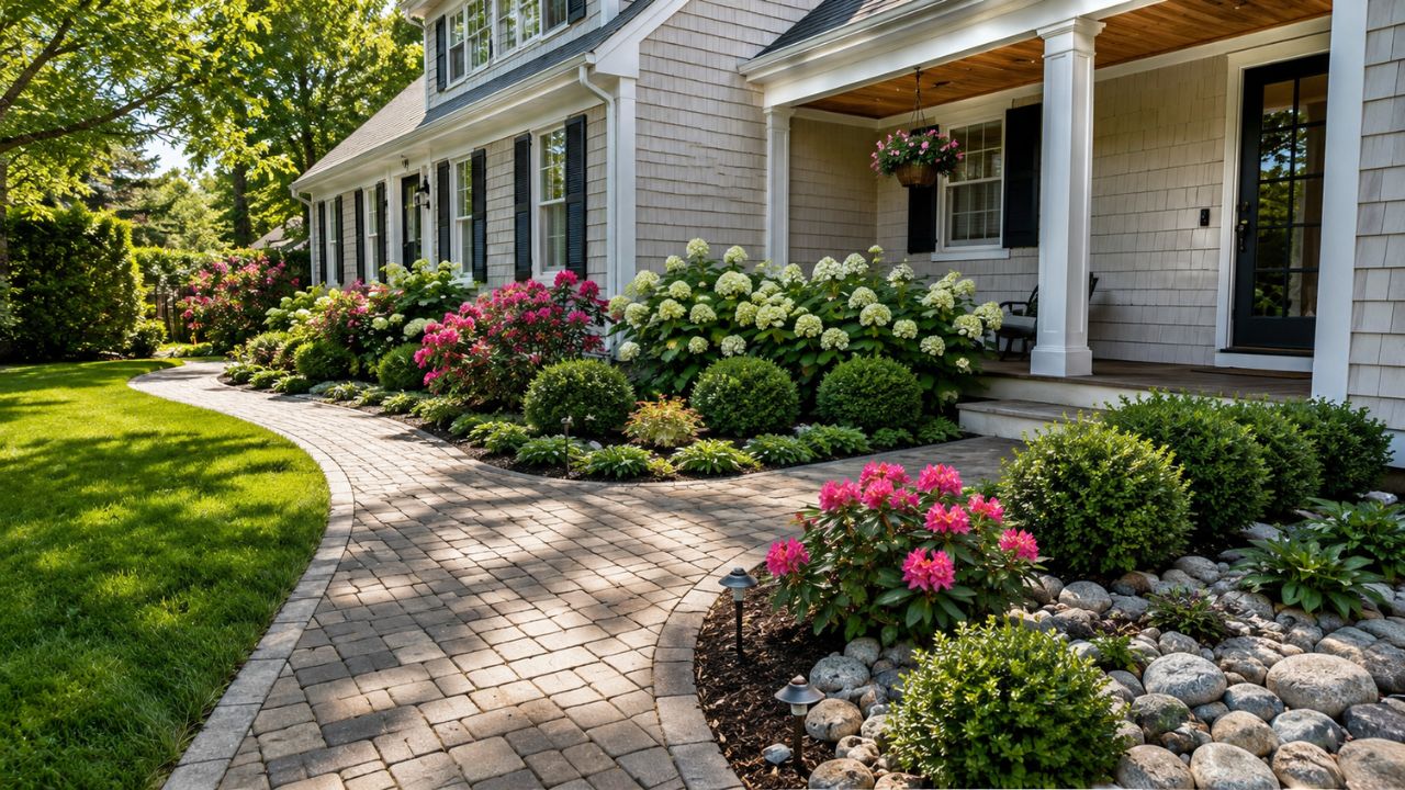 Hardscaping project with decorative stone and edging on a Sudbury residential property