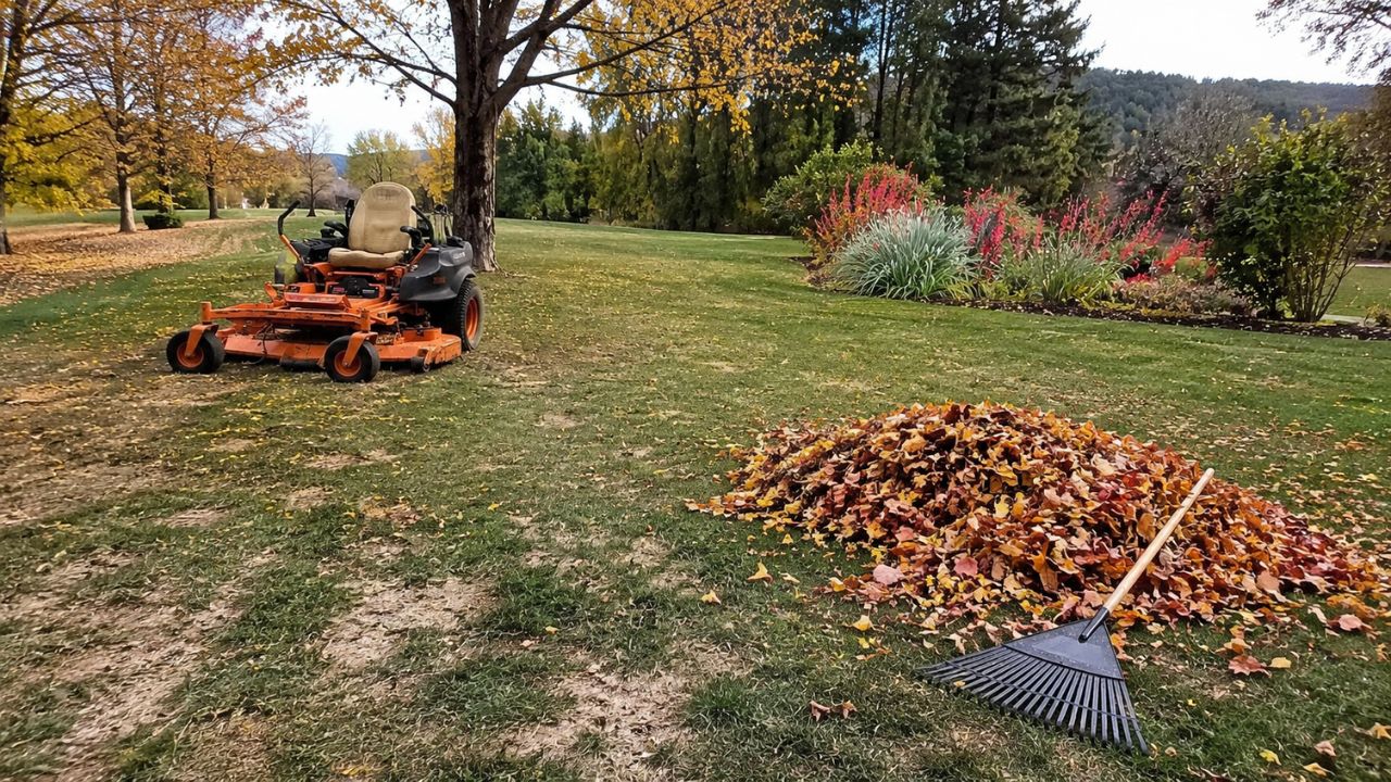 Lawn being cut in late fall in Greater Sudbury Ontario before winter