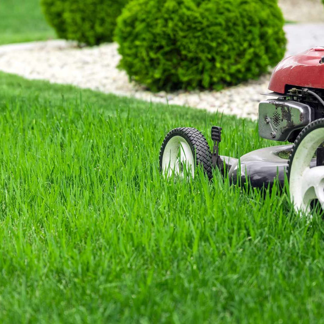 Lawn mower blade raised high for summer mowing in Sudbury