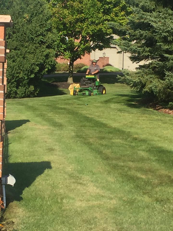 Professional grass cutting service on a residential property in Greater Sudbury