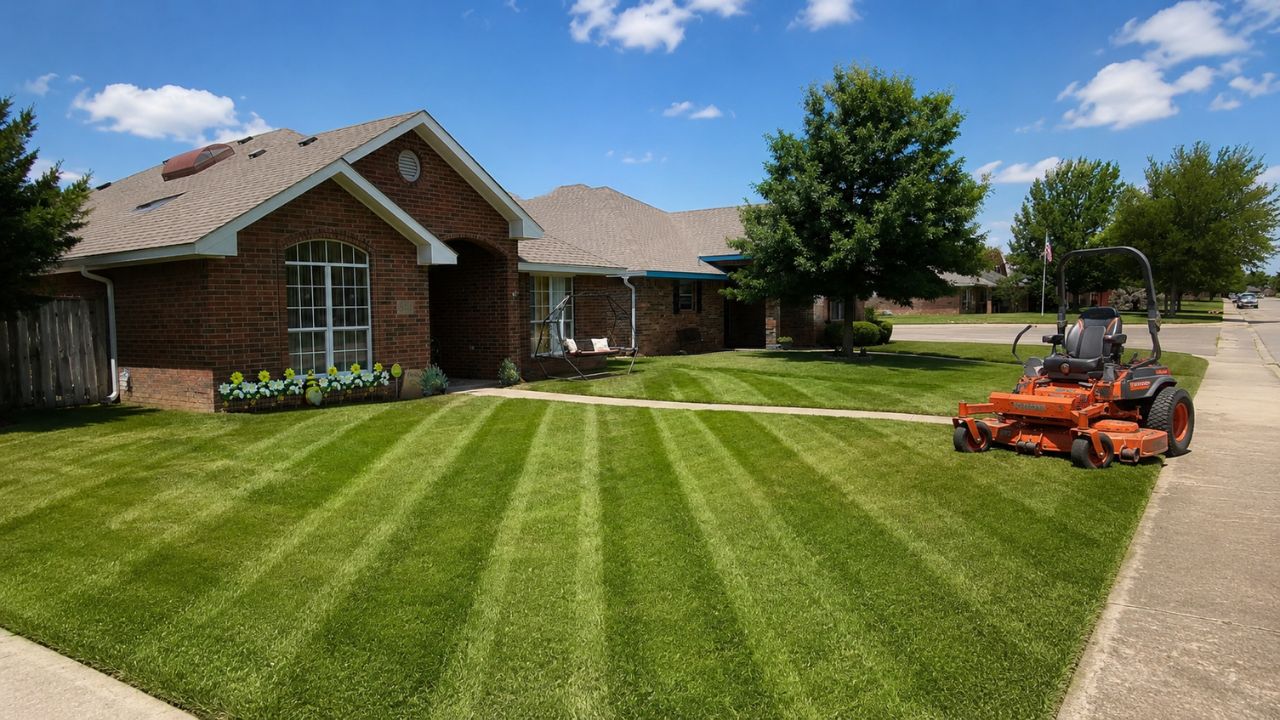 Ryan Lingenfelter mowing a lawn in Sudbury Ontario