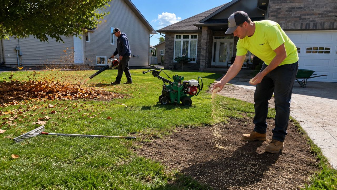 Sudbury Ontario residential lawn in October fall leaves before winter preparation