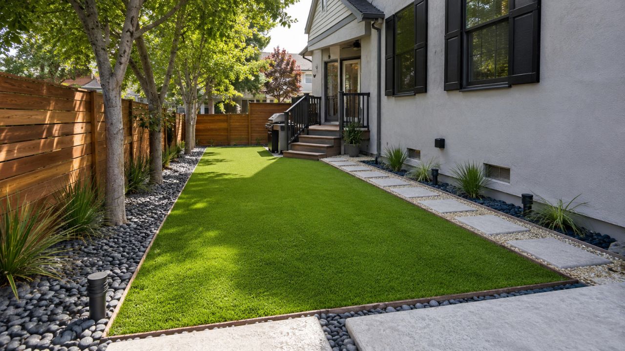 Artificial turf next to natural grass on a residential property in Greater Sudbury Ontario OG Title
