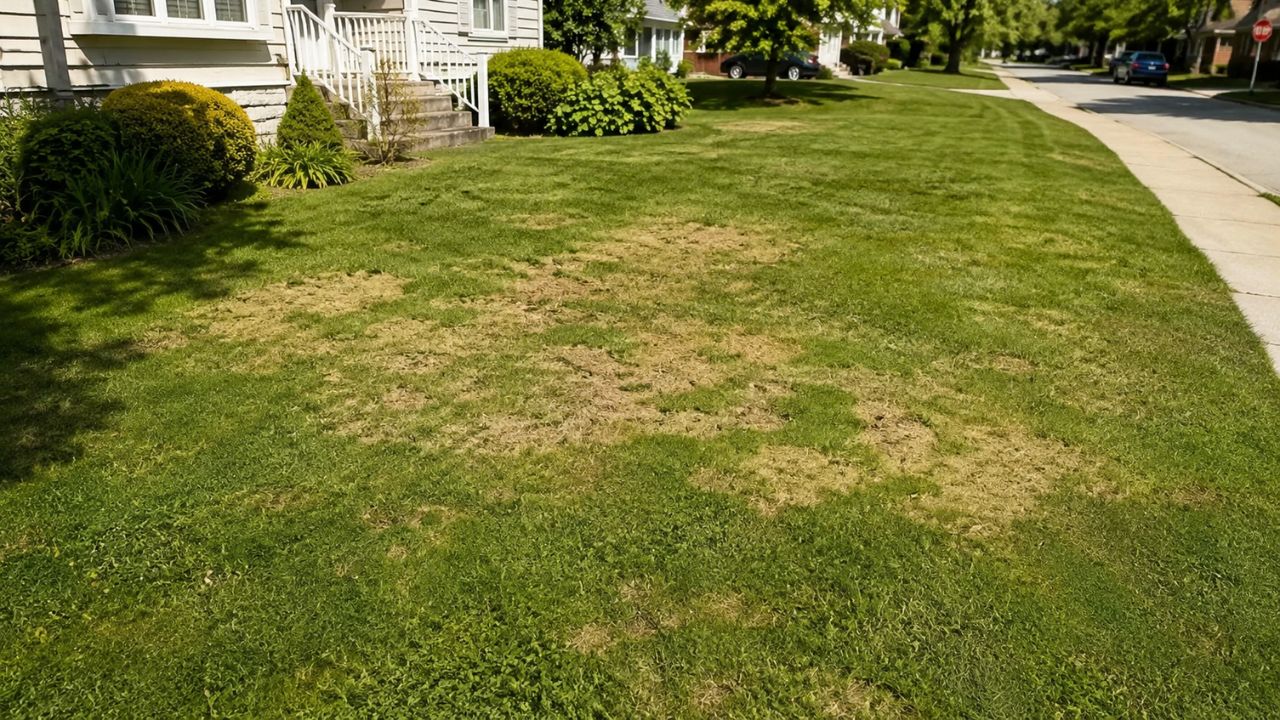 Brown patchy Sudbury lawn after harsh winter needing spring assessment