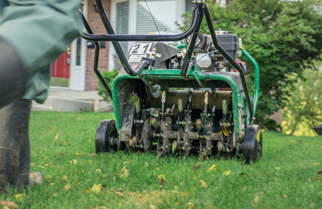 Core aeration being performed on compacted Sudbury Ontario lawn after failed screwdriver soil test