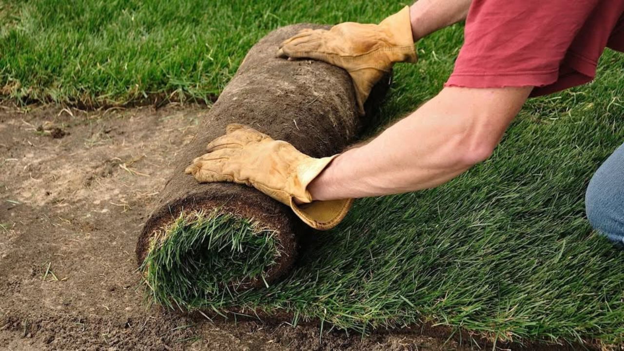 Fresh sod being laid on Sudbury residential lawn in late summer