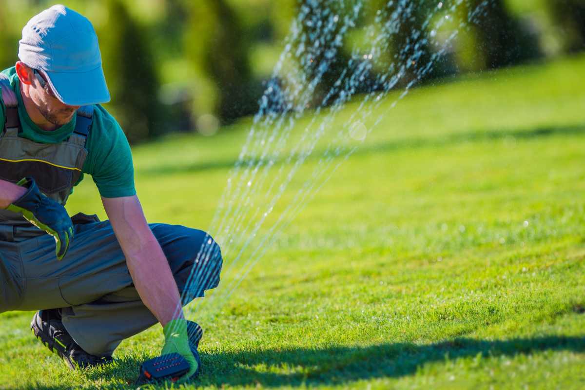 Homeowner checking soil moisture depth after sprinkler run on Sudbury lawn