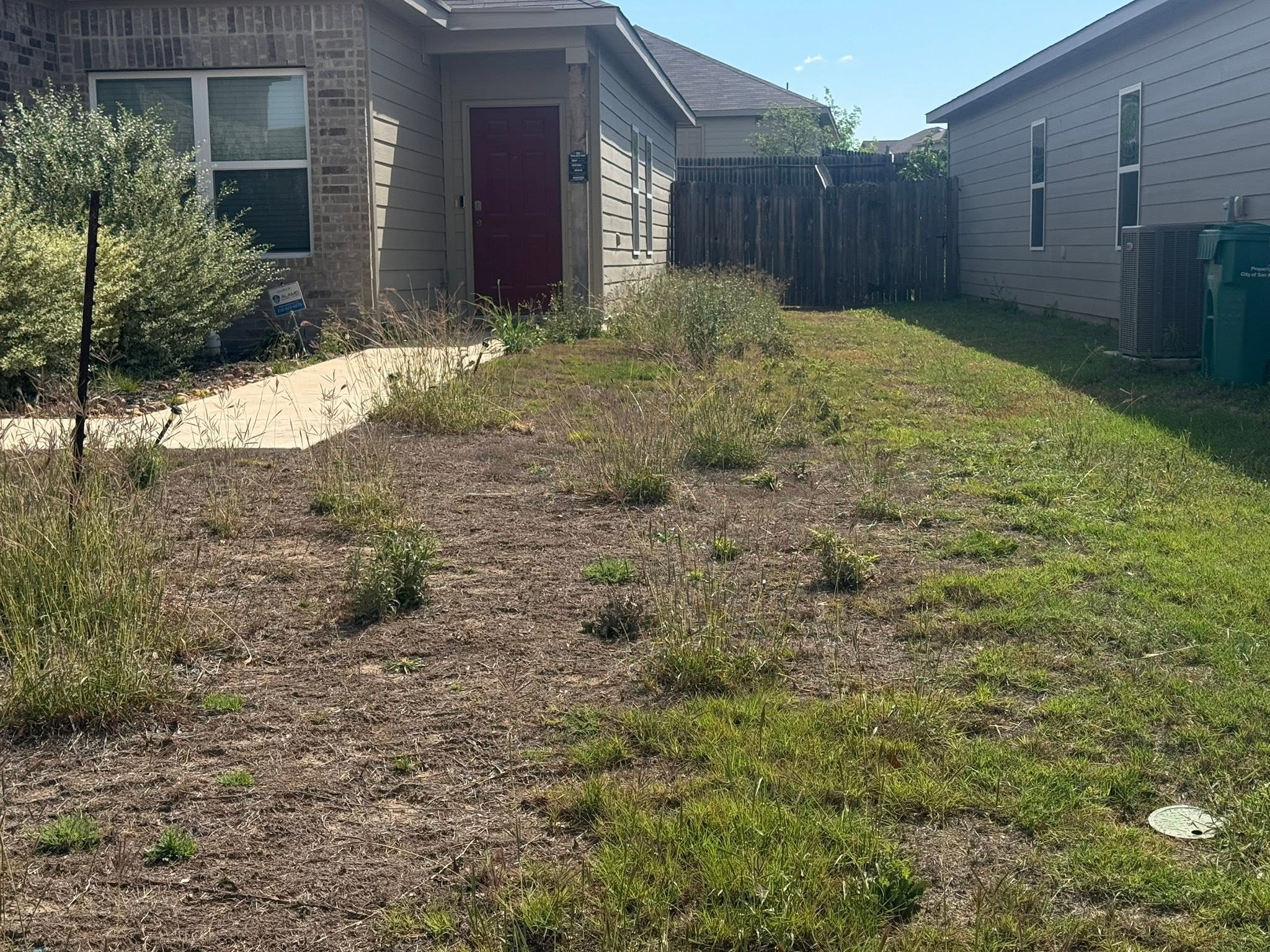 Lawn foundation edge against house showing moisture and weed problems on Sudbury Ontario property
