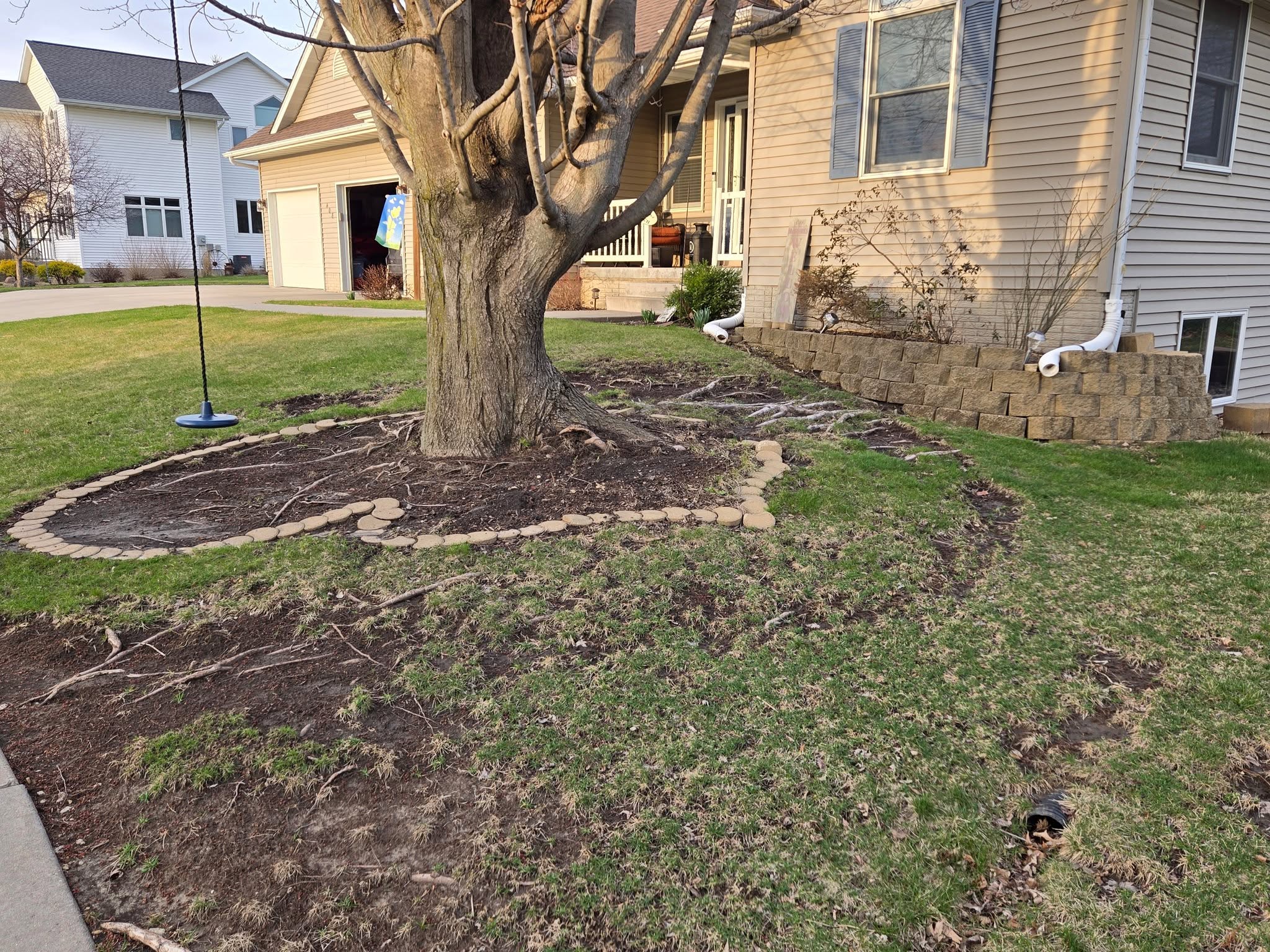 Properly covered tree roots with mulch layer maintaining healthy root protection in Sudbury Ontario yard