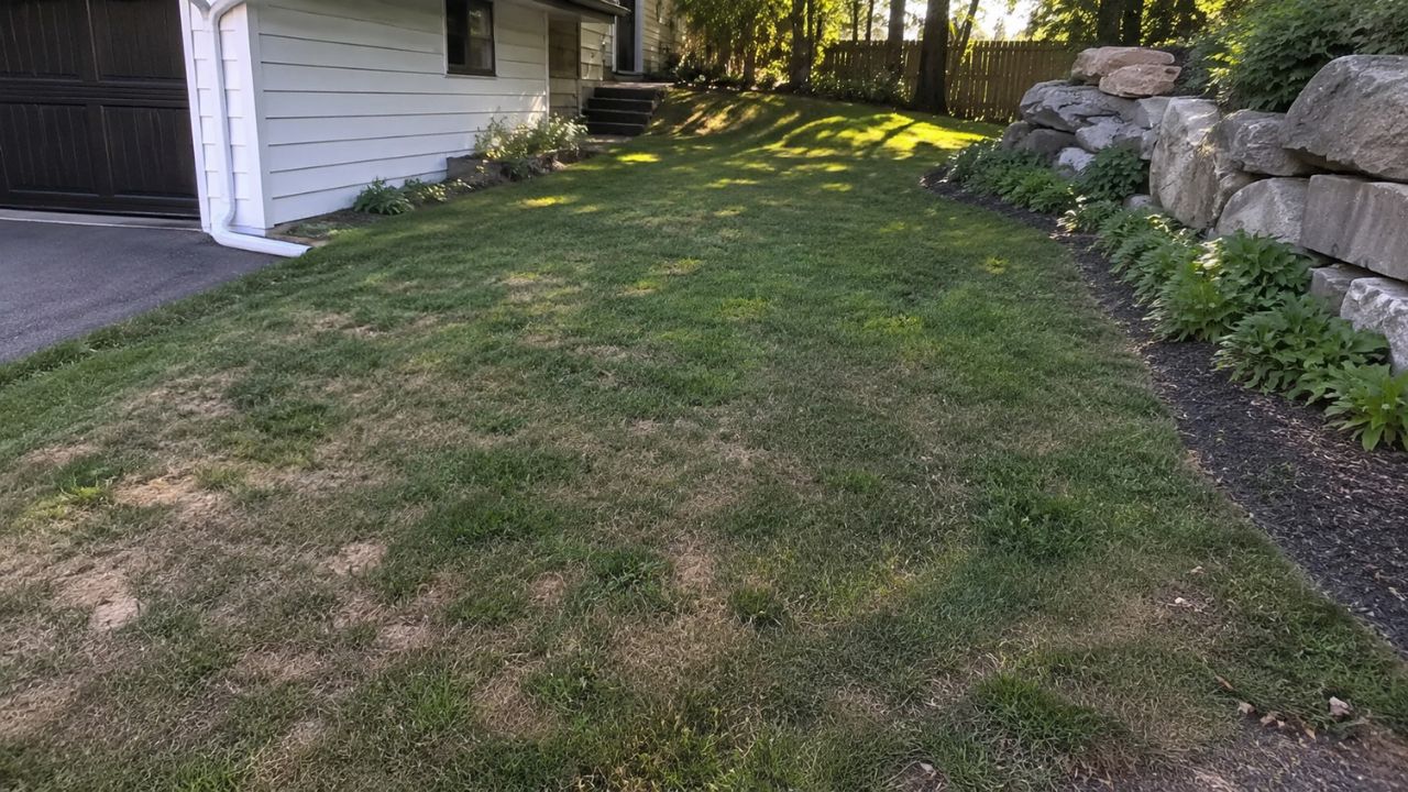 Rocky Canadian Shield landscape near Sudbury Ontario with residential lawn