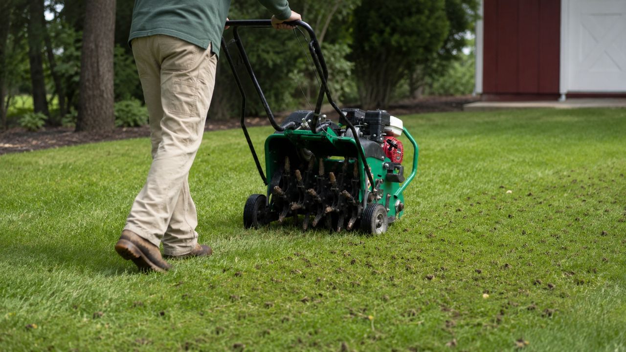 Ryan Lingenfelter aerating a lawn in Sudbury Ontario with a core aeration machine