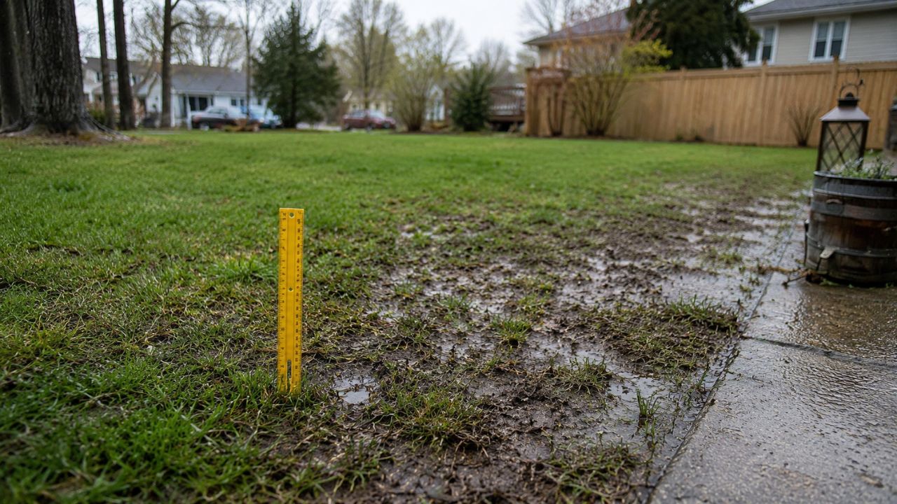 Ryan Lingenfelter checking soil drainage residential lawn new customer quote visit Greater Sudbury Ontario