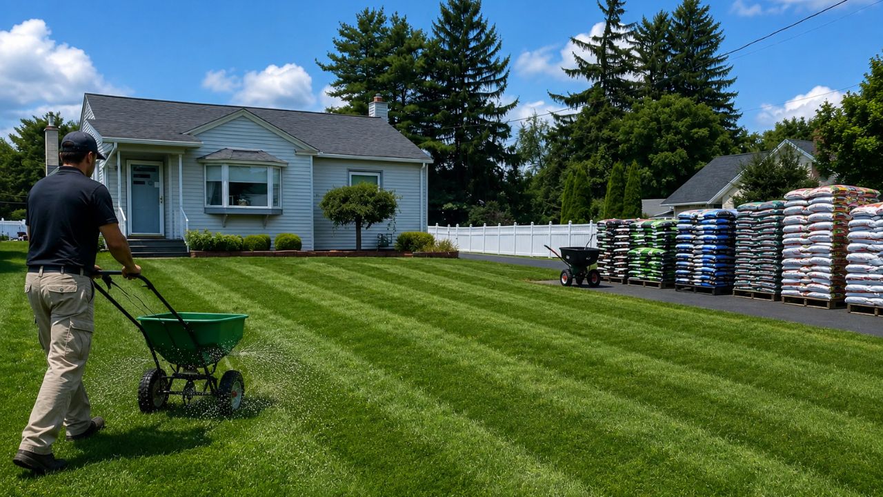 Ryan Lingenfelter explaining lawn fertilizing advice to homeowner residential property Greater Sudbury Ontario
