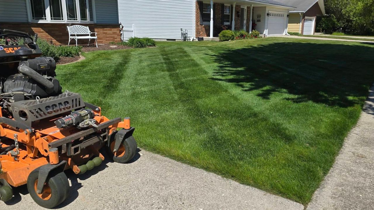 Ryan Lingenfelter kneeling to assess Sudbury residential lawn during professional inspection