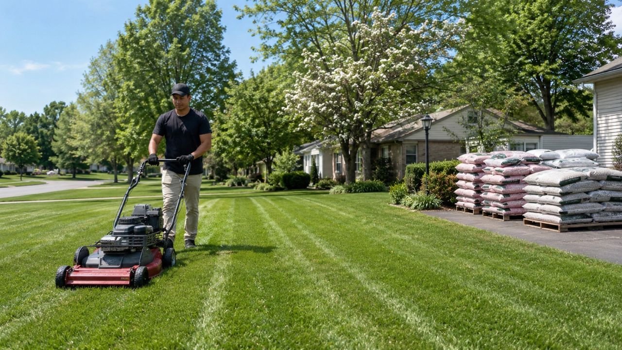 Ryan Lingenfelter standing beside completed residential lawn job Greater Sudbury Ontario