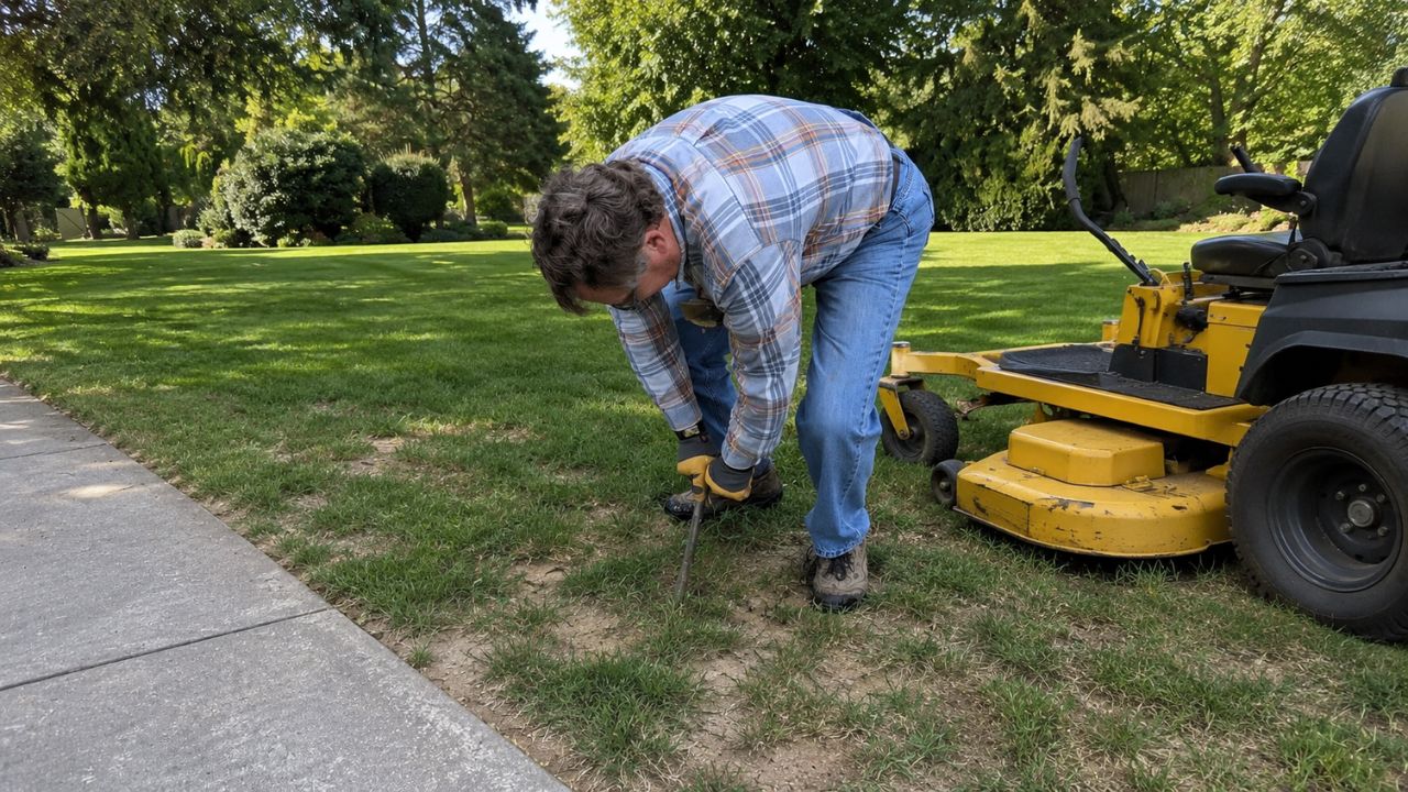 Ryan Lingenfelter standing outside residential property Greater Sudbury Ontario giving honest free lawn advice