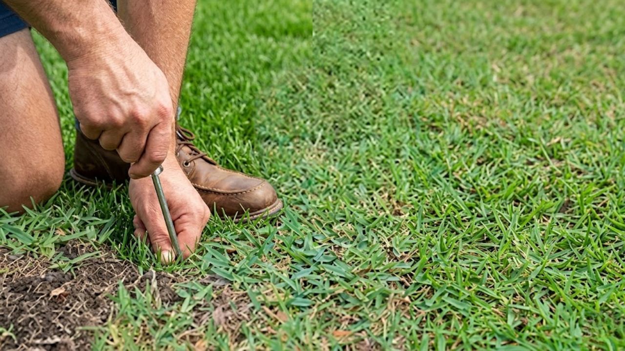 Screwdriver test showing severe compaction in Azilda Sudbury lawn soil