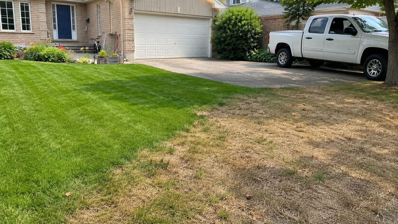 Stressed thin lawn in Greater Sudbury Ontario showing early June heat damage — Cutting Edge Lawn and Landscaping