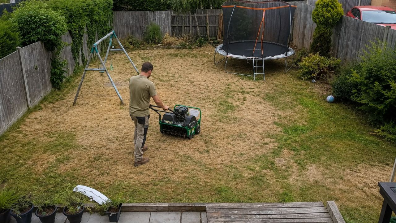 Sudbury residential lawn showing green sections in June transitioning to brown dead patches by August