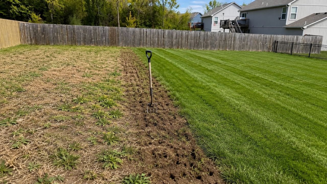 patchy damaged Sudbury Ontario lawn being repaired in spring