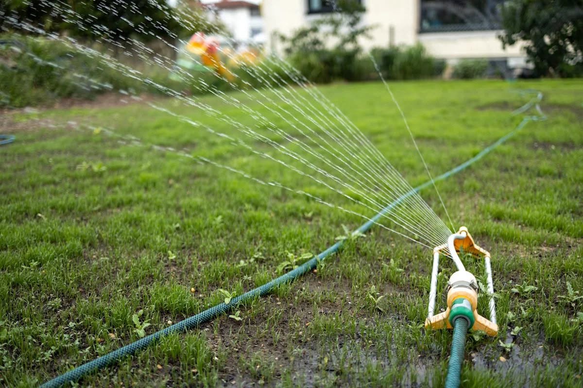 Homeowner watering Sudbury lawn daily with sprinkler in summer heat