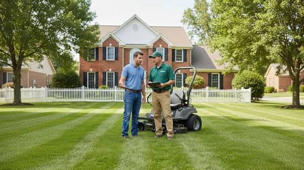 homeowner talking to lawn care operator Sudbury Ontario questions before hiring